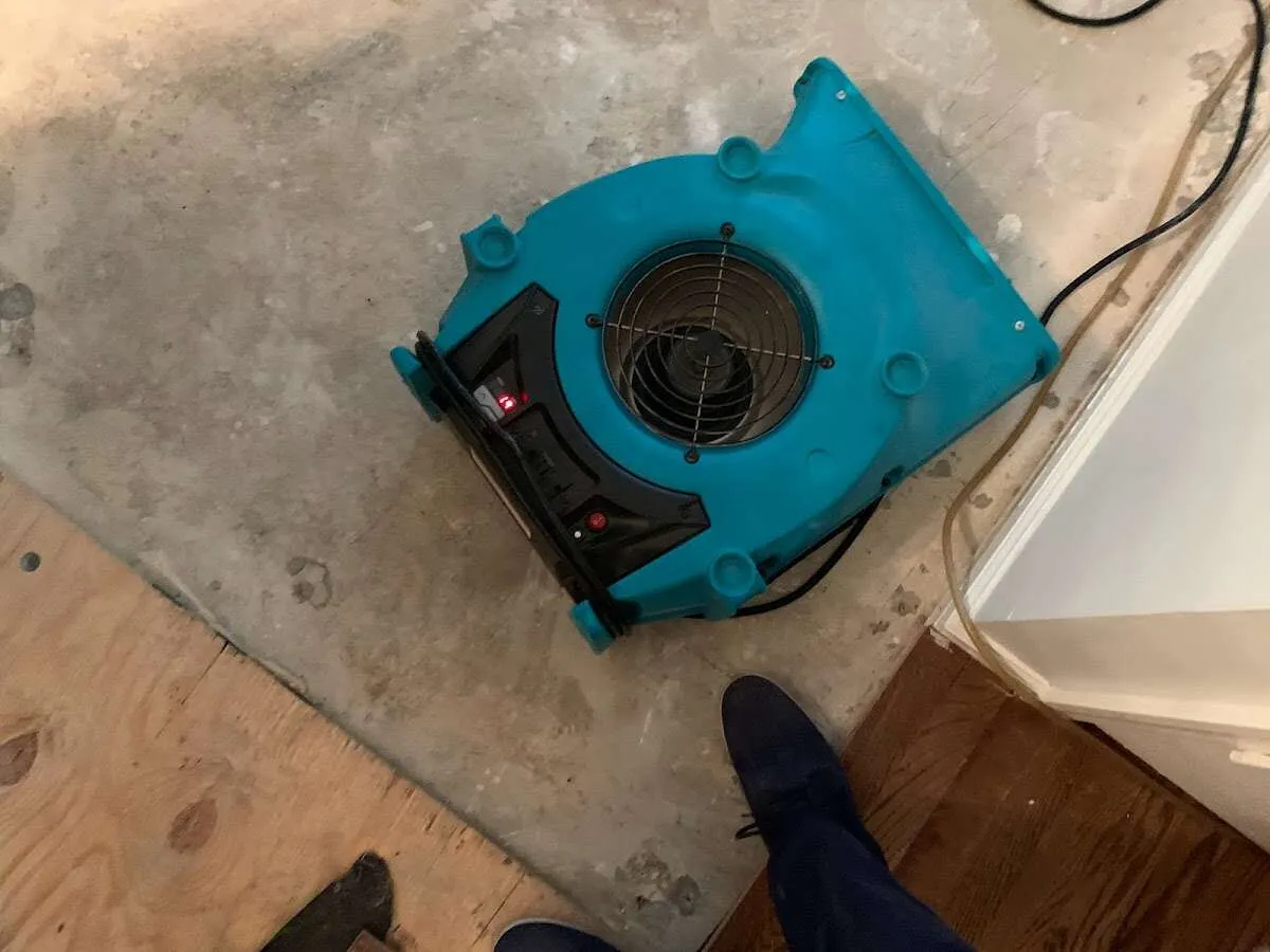 Air mover drying subfloor during Leak Detection & Repair in West Clarkston-Highland